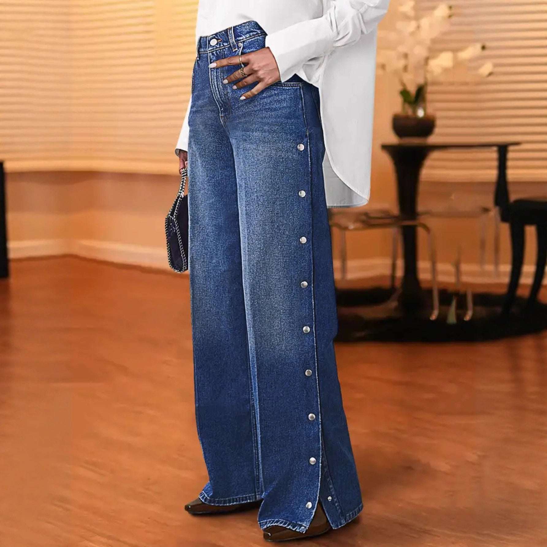 Women's Heart-Shaped Rivet Denim Pants | Dark Blue | S–XL
