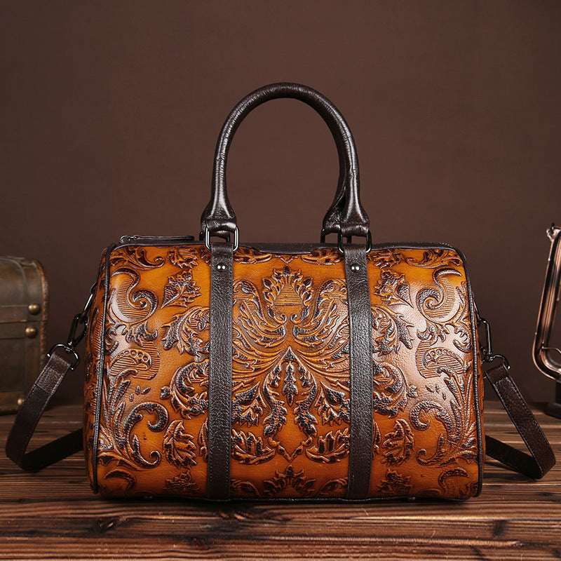 Women's Genuine Leather Floral Embossed Crossbody Handbag – Large Casual Messenger Bag