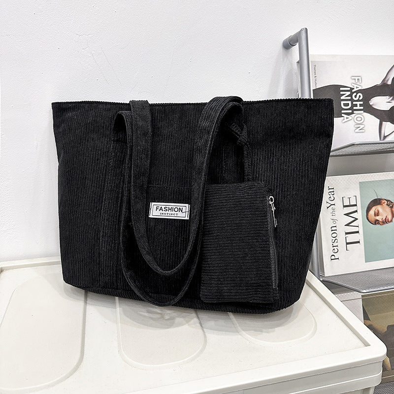 Black tote bag with a pocket on a surface with magazines in the background