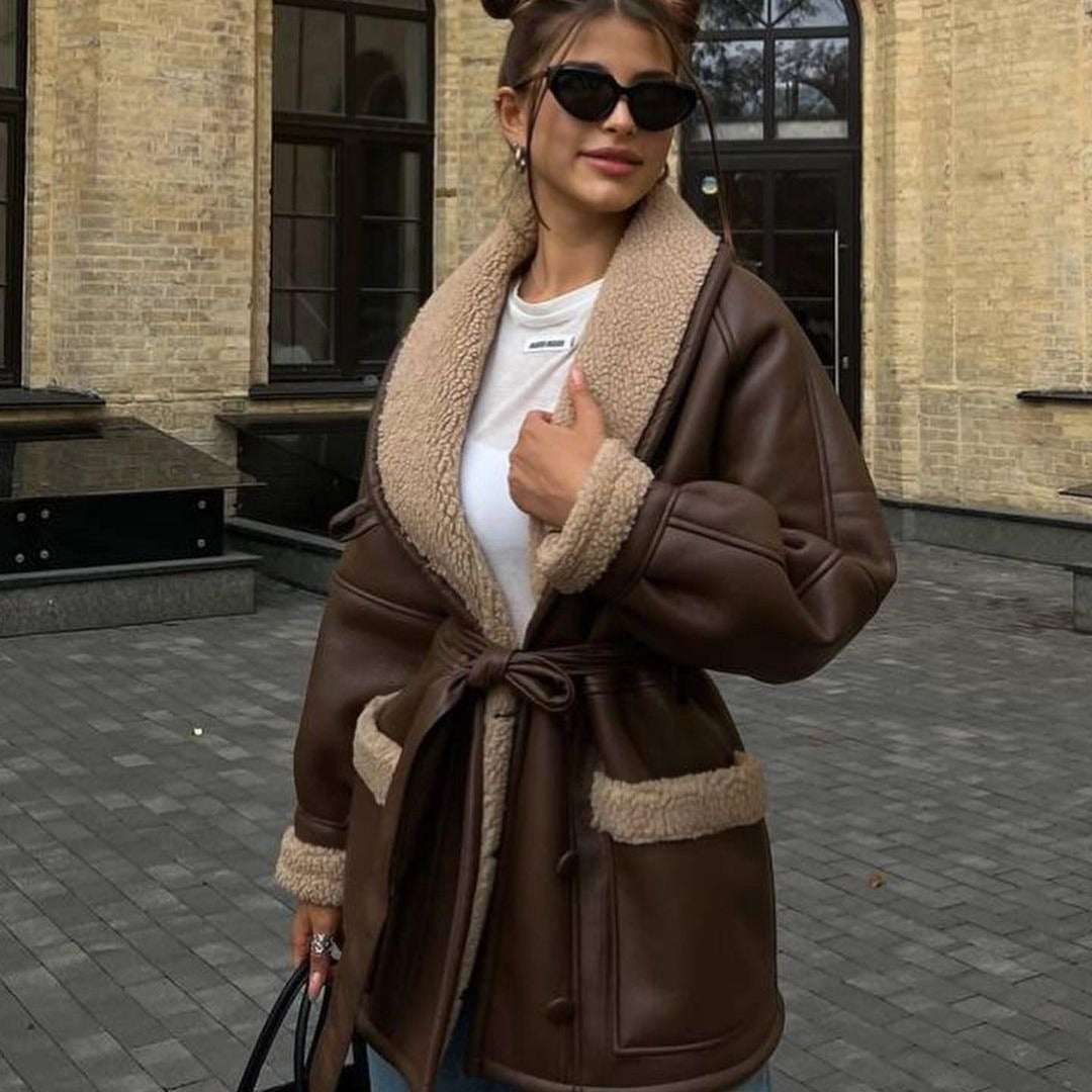 Korean Style Leather & Fur Splicing Coat - Women's Long Sleeve Trench
