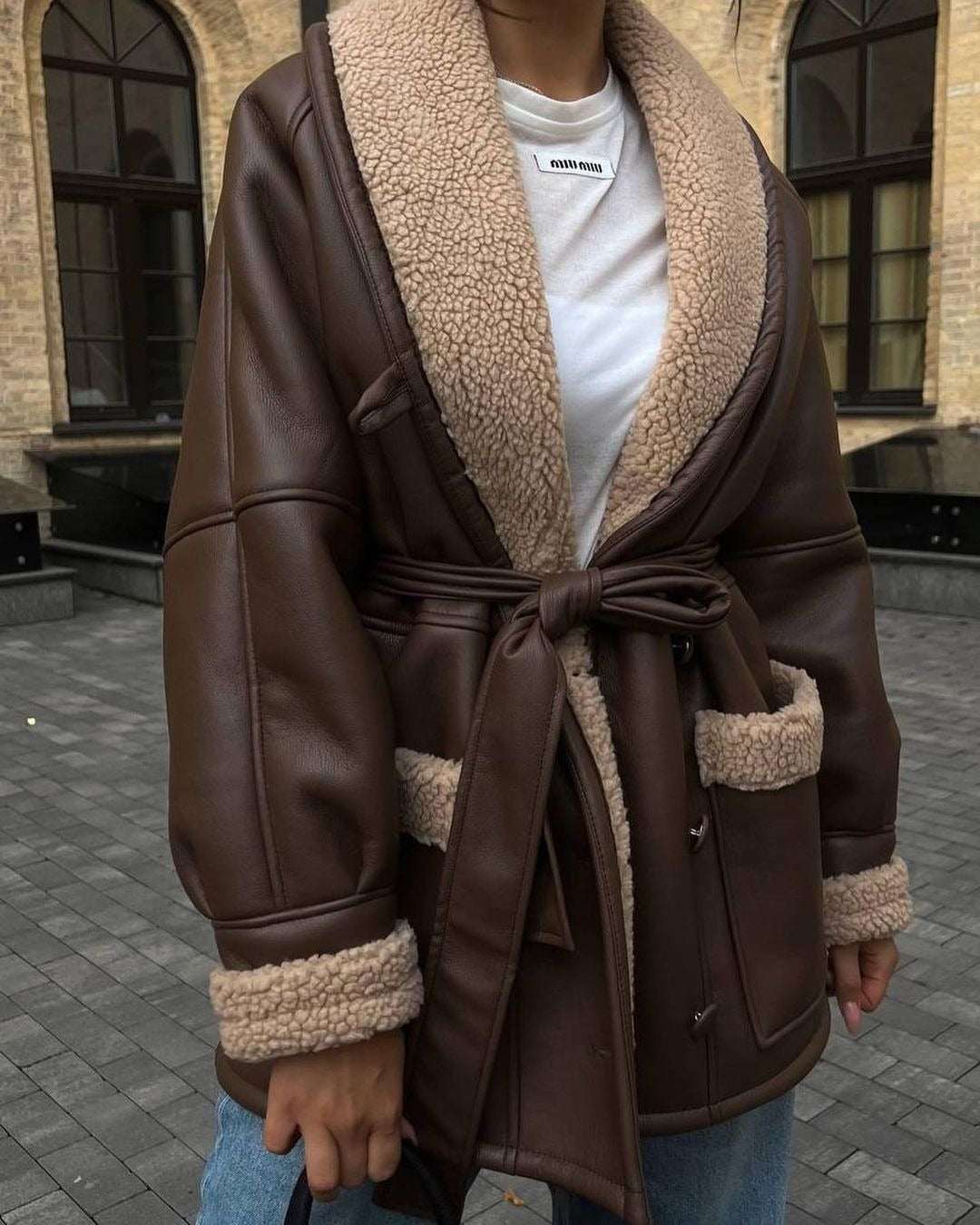 Korean Style Leather & Fur Splicing Coat - Women's Long Sleeve Trench