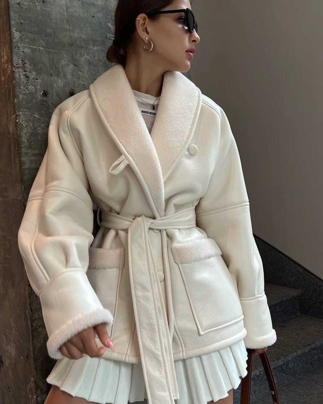 Korean Style Leather & Fur Splicing Coat - Women's Long Sleeve Trench