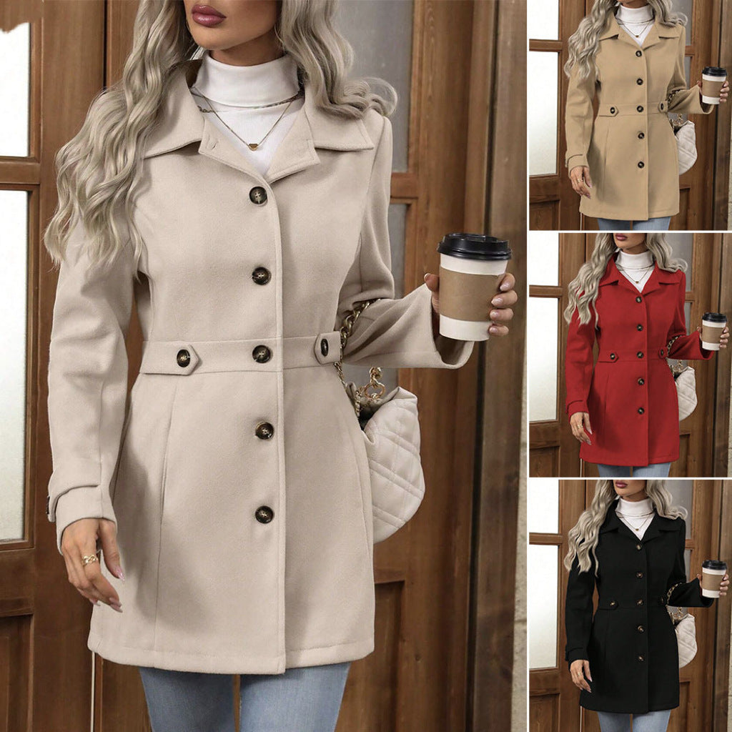 Woman wearing a beige coat holding a coffee cup, with additional images of coats in different colors.