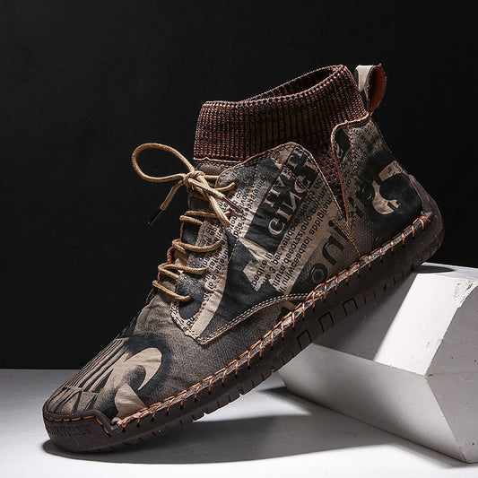 Brown leather boot with newspaper print on a black background