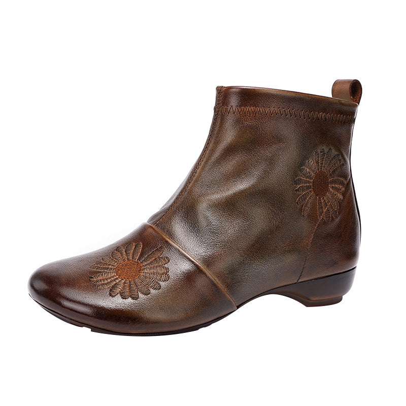 Brown leather ankle boot with floral embroidery on a white background