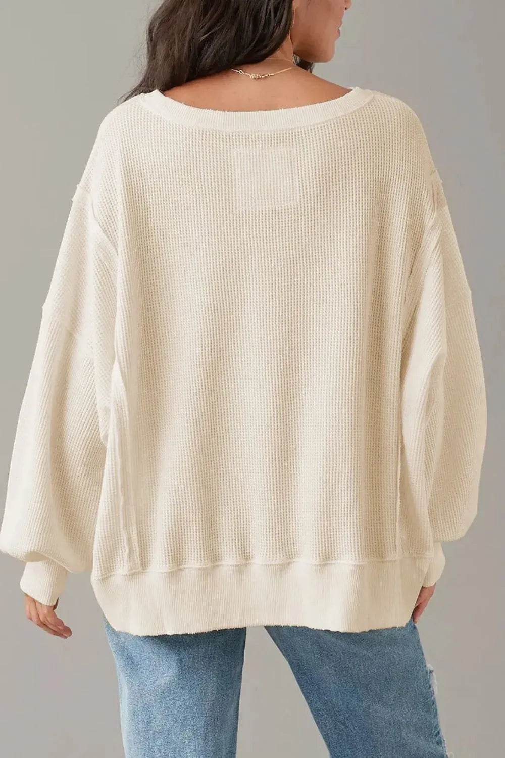 Slit Waffle-Knit Round Neck Long Sleeve Top - Millivan supplies 