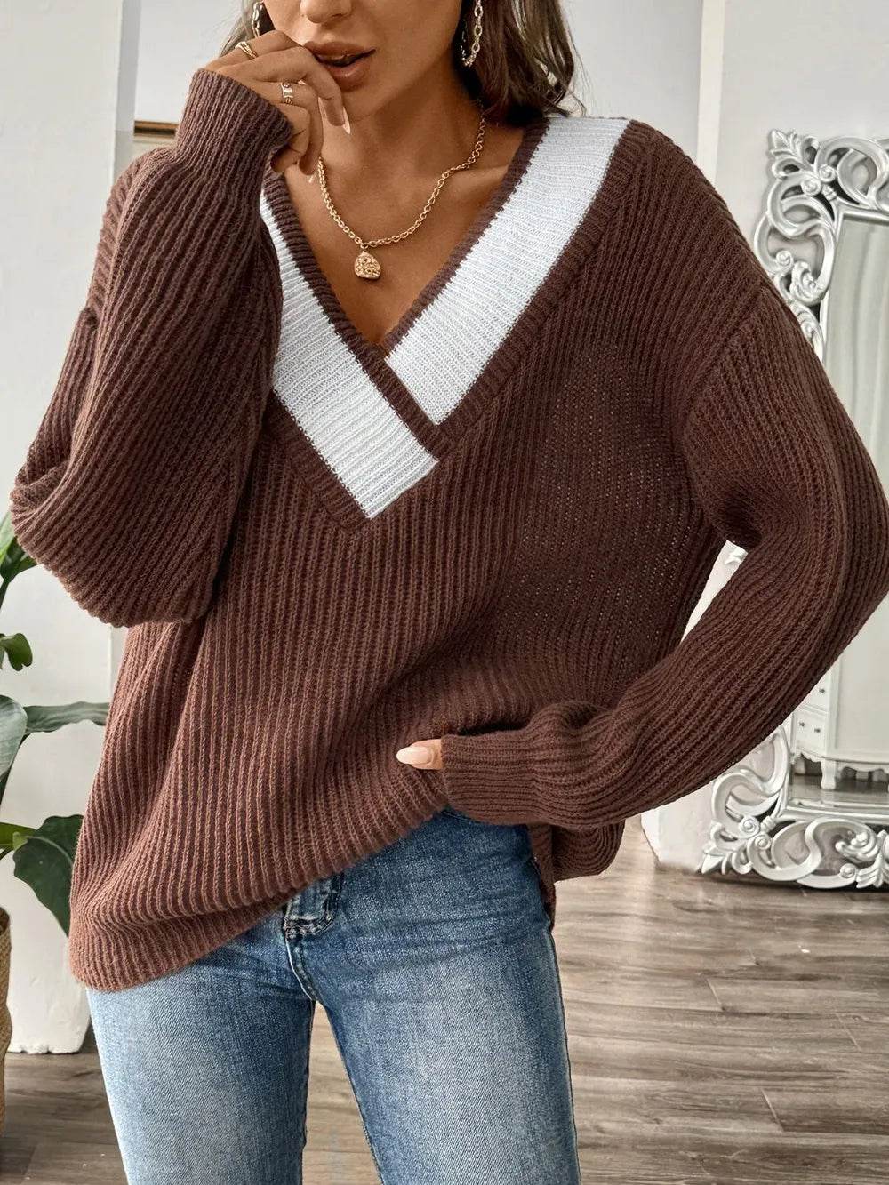Contrast Dropped Shoulder Long Sleeve Sweater - Millivan supplies 