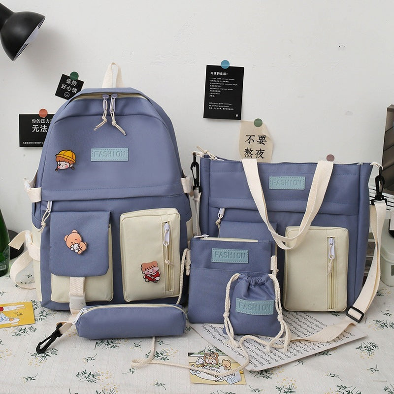 College Students' Backpack Five-piece Contrast Color Canvas School Bag