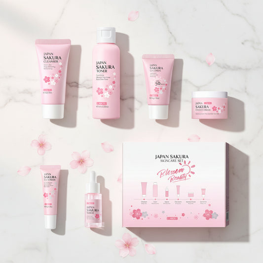 Japan Sakura skincare product set with dimensions labeled on a white background