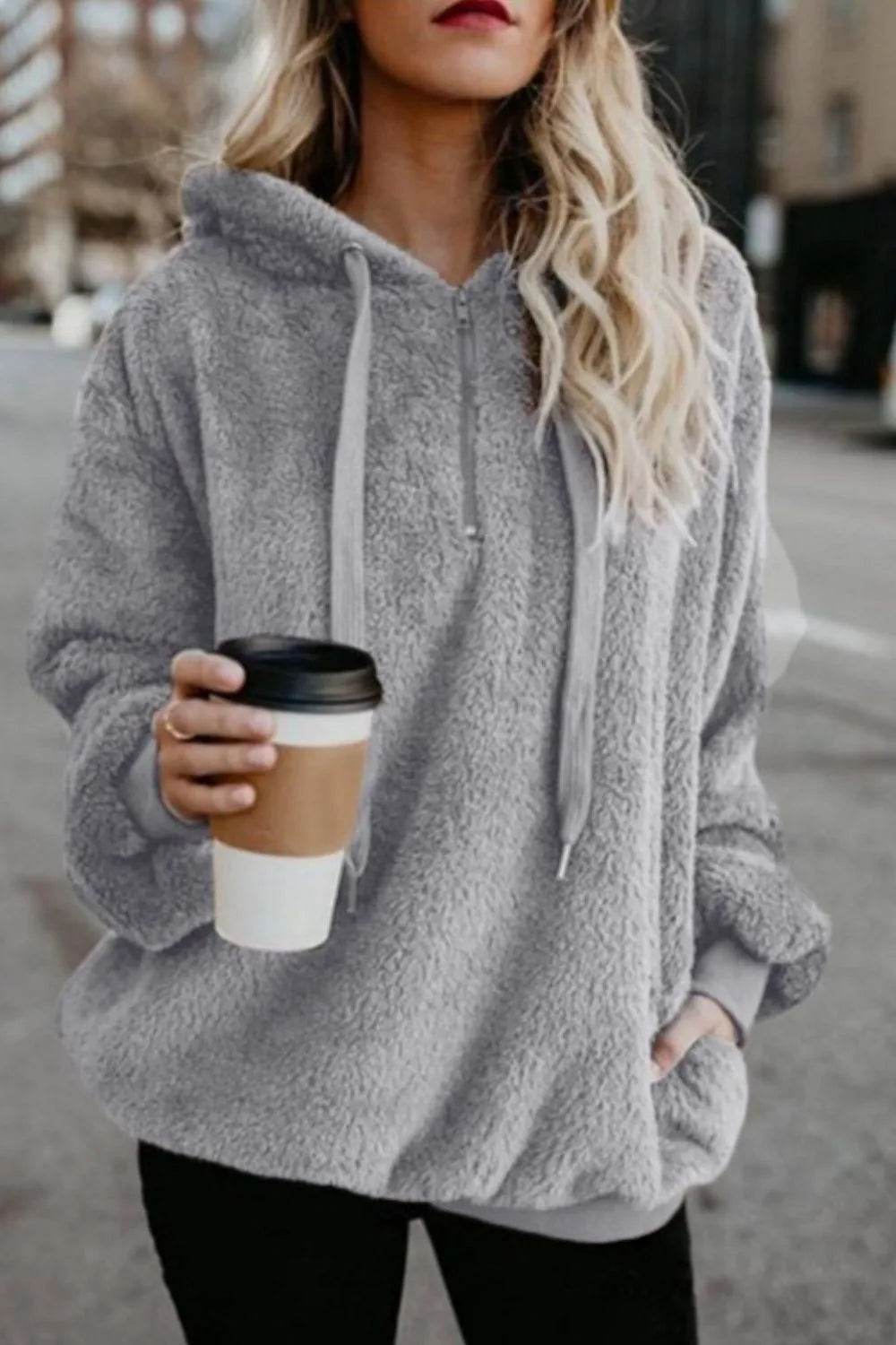 Full Size Quarter-Zip Drawstring Teddy Hoodie - Millivan supplies 