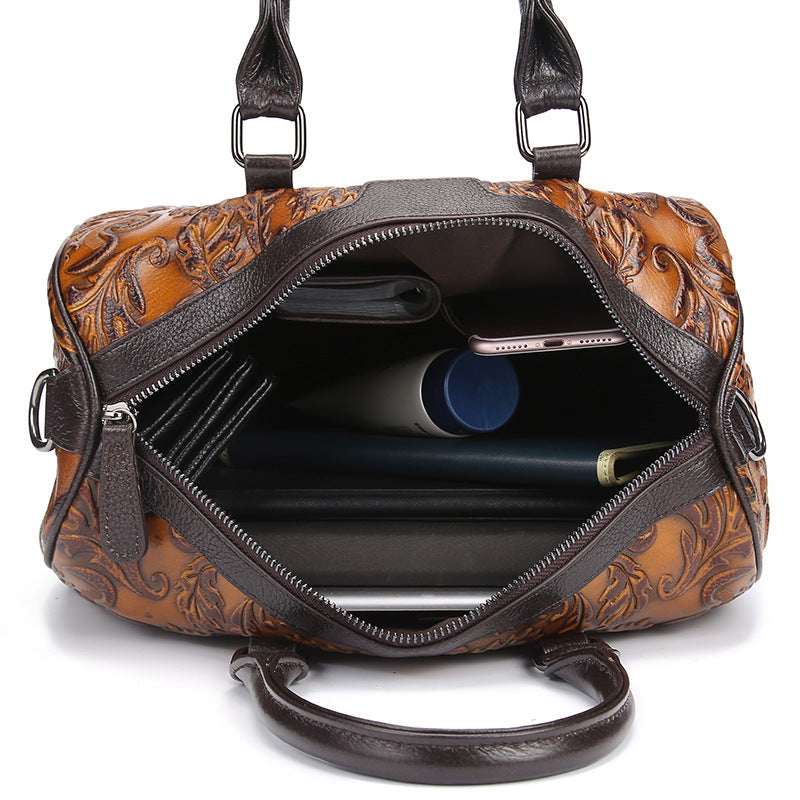 Women's Genuine Leather Floral Embossed Crossbody Handbag – Large Casual Messenger Bag
