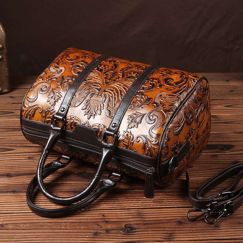 Women's Genuine Leather Floral Embossed Crossbody Handbag – Large Casual Messenger Bag
