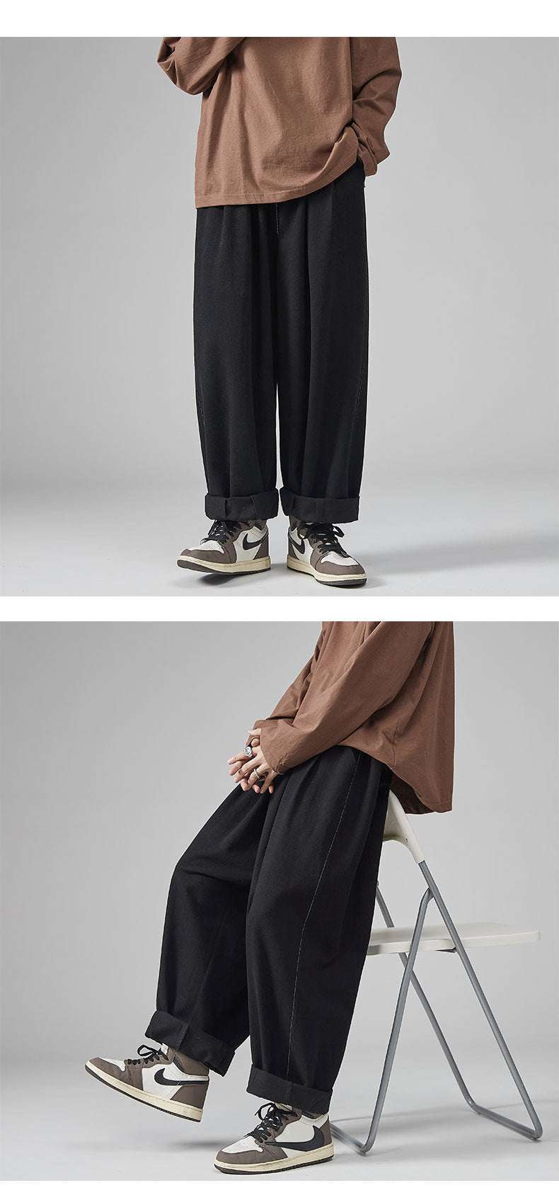 Men's Straight Wide-Leg Cropped Pants | Black & Green | XS–5XL