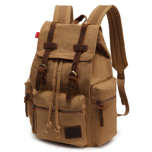 Brown backpack with leather straps on a white background