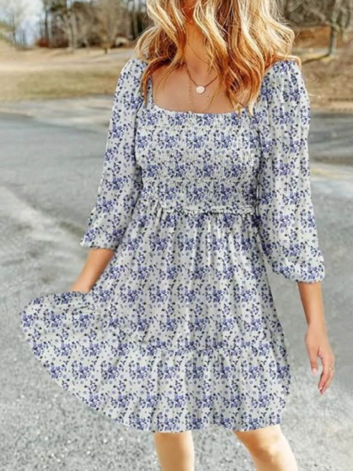Smocked Floral Square Neck Dress - Millivan supplies 