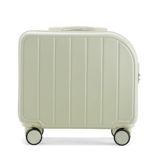 Beige suitcase with wheels on a white background