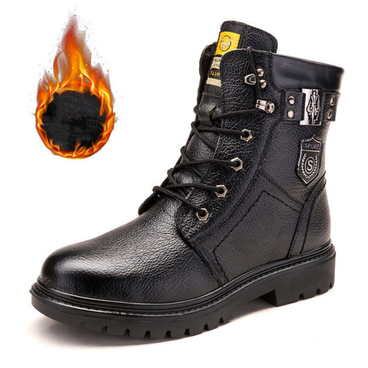 Black leather boot with flame graphic on a white background