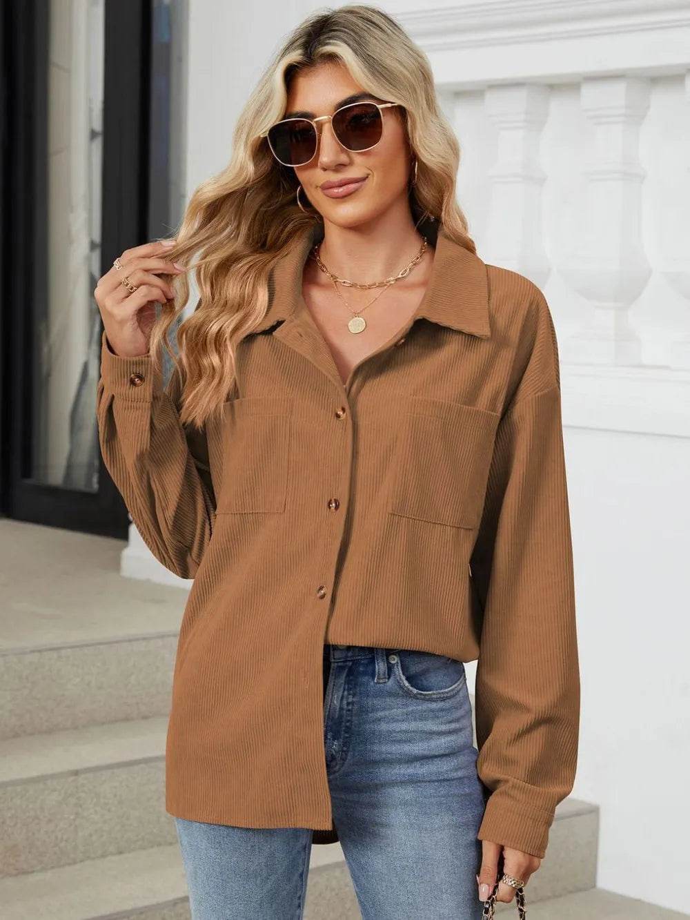Button Up Dropped Shoulder Long Sleeve Outerwear - Millivan supplies 