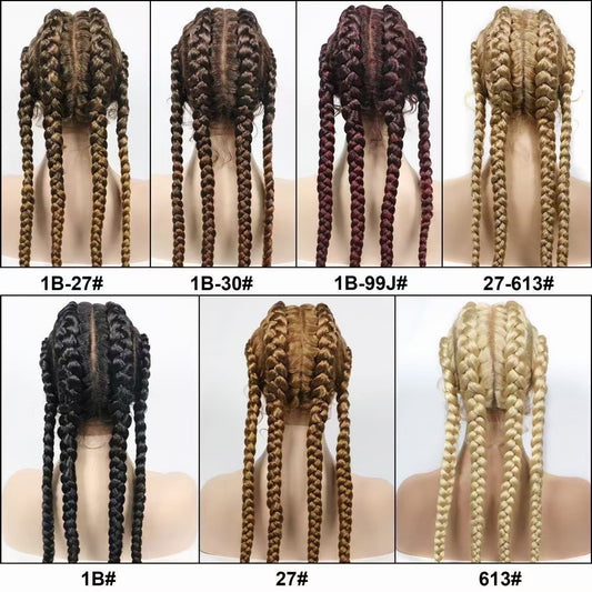 Collection of braided hair extensions in various colors on mannequin heads.