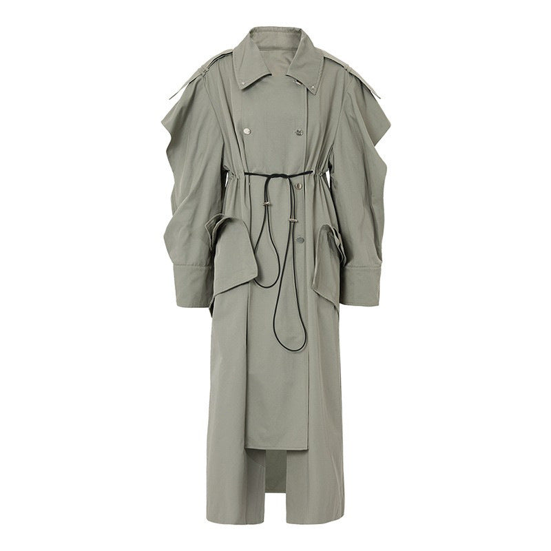 Women's Elasticated-Waist Raglan-Sleeve Trench Coat | Lace-Up & Pleated | Gray | S–L