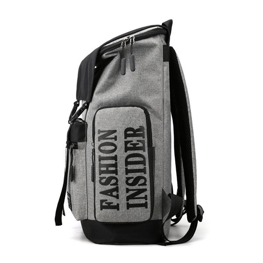 Gray backpack with 'FASHION INSIDER' text on a white background