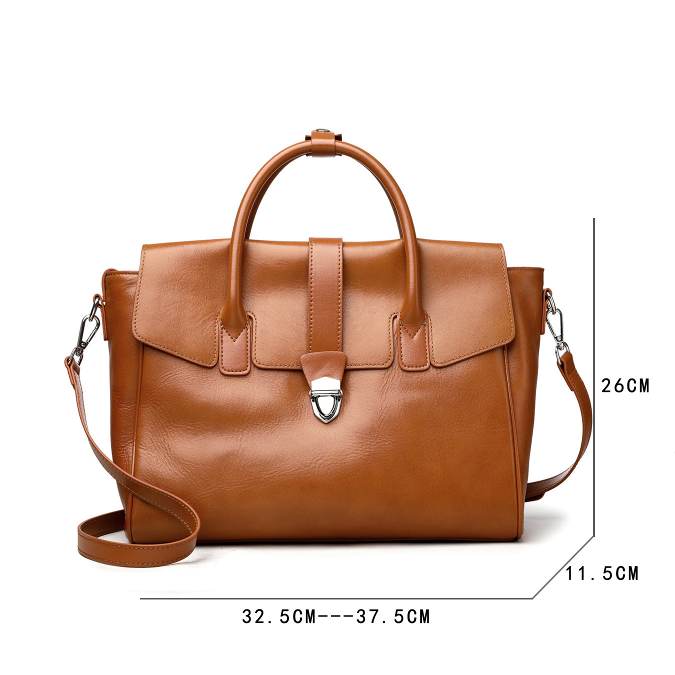 Brown leather handbag with measurements on a white background