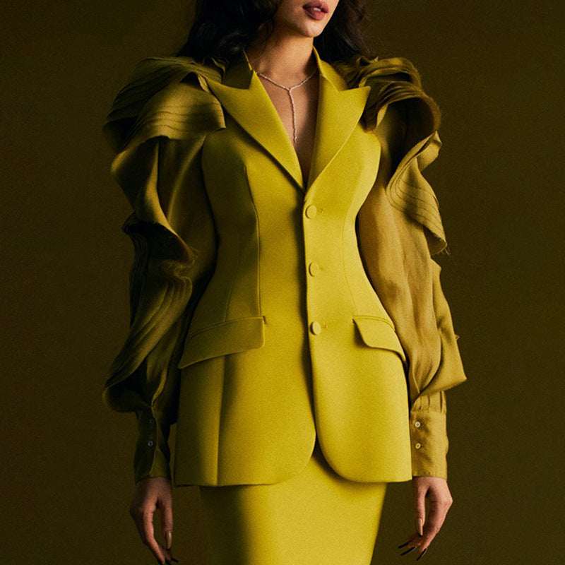 Women's Notch-Lapel Puff-Sleeve Sheer Gauze Panel Slim Blazer | Beige & Green | S–L