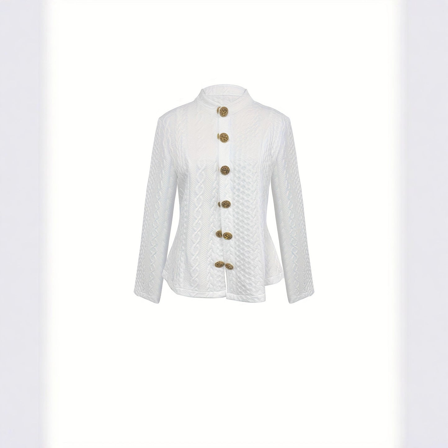 White quilted jacket with gold buttons on a white background