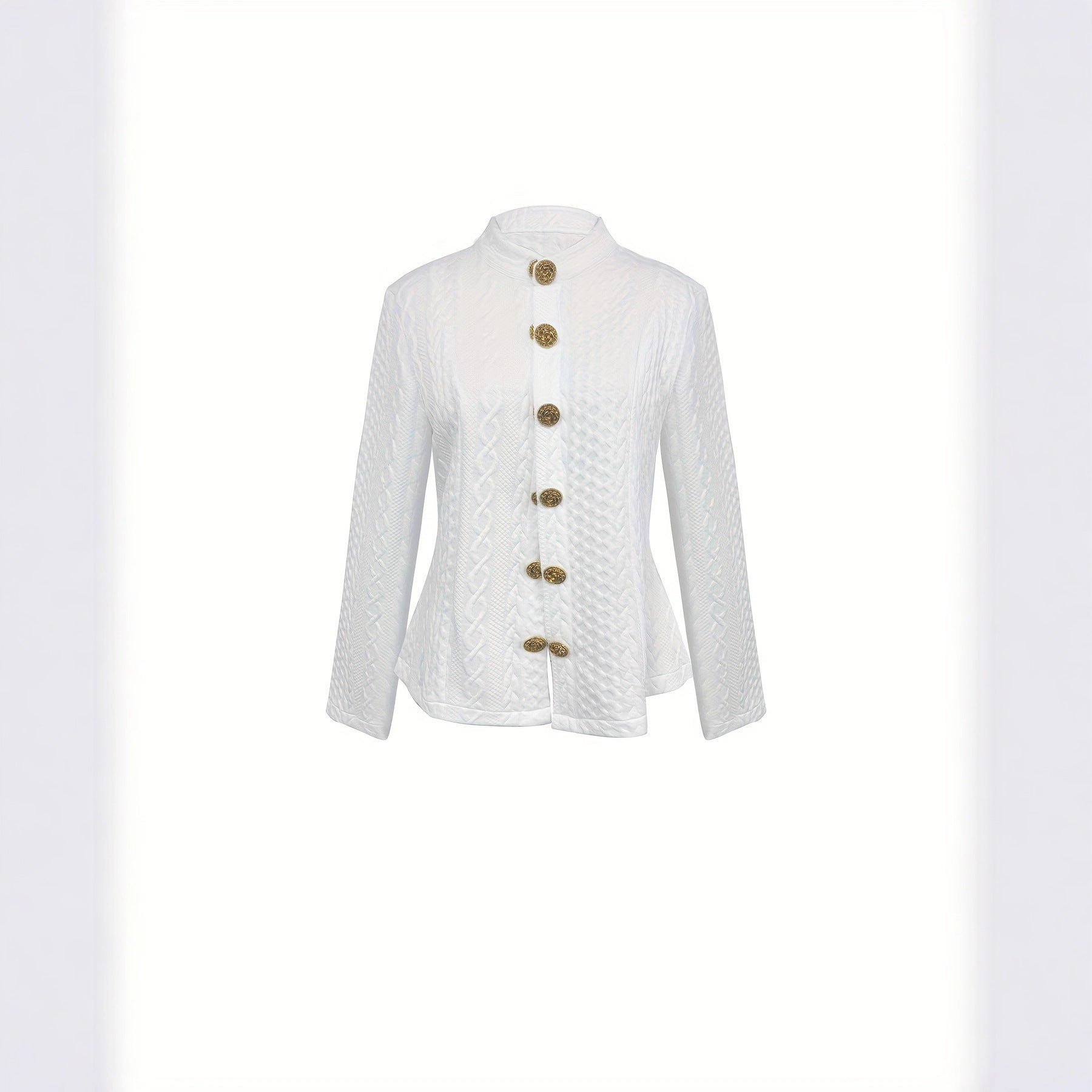 White quilted jacket with gold buttons on a white background
