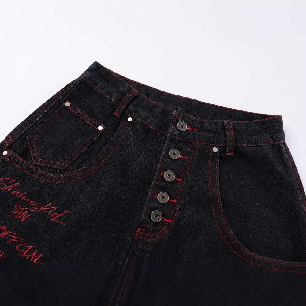 Women's Embroidered Baggy Skateboard Jeans | Hip-Hop Street Style | Black | S–XL