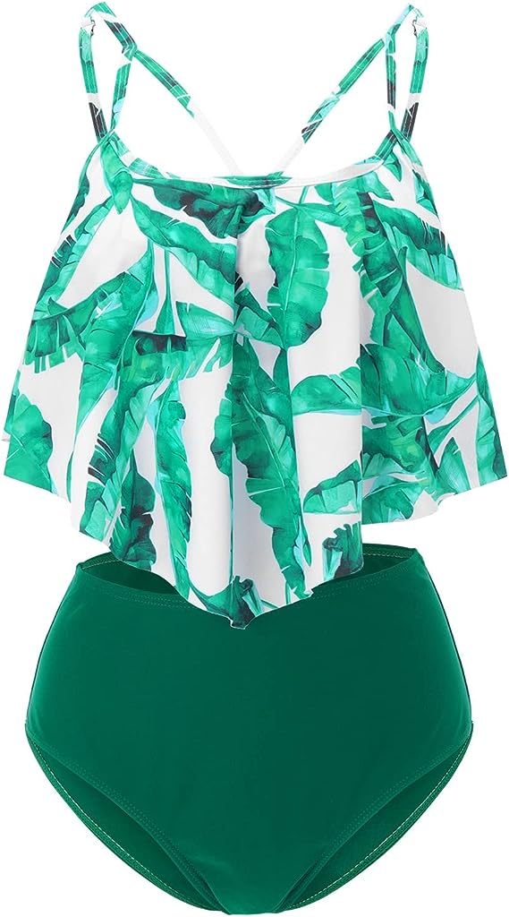 Double Layer High Waist Split Swimsuit - Tropical Print