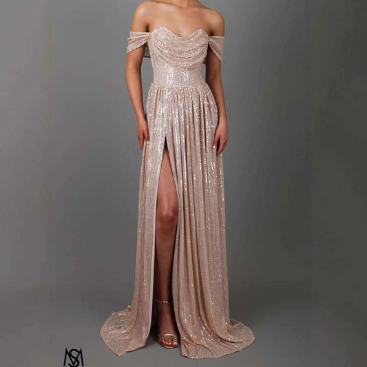 Women's Sequin Spaghetti-Strap High-Waist Slit Maxi Dress | Blue, Champagne & Pink | S–XL