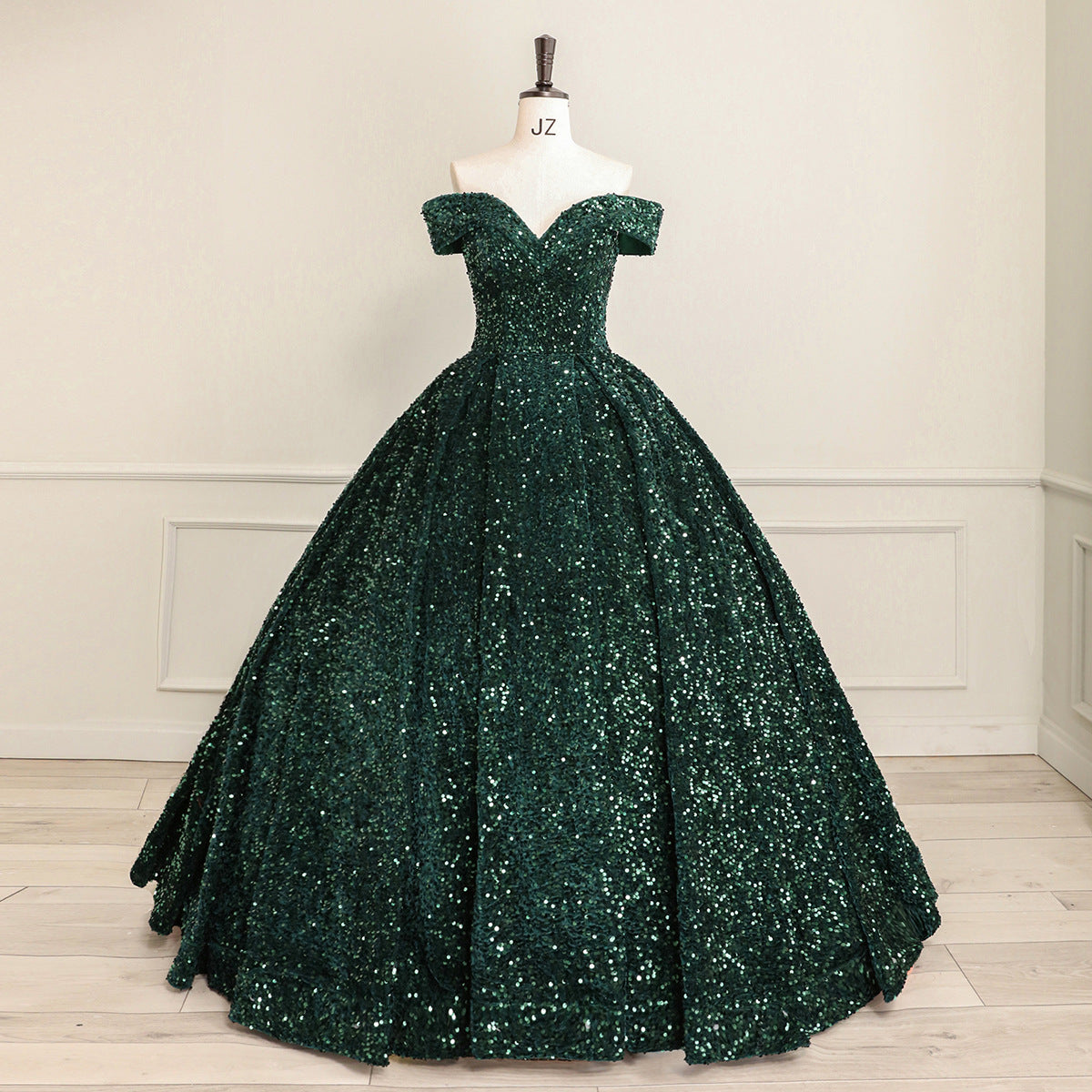 Paillette Sequined Lace Sleeveless Belt-Detail Ball Gown Wedding Dress