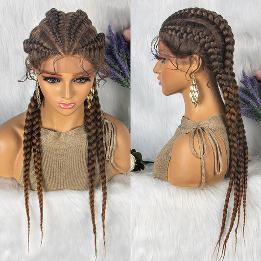 Mannequin head with braided wig on a white background