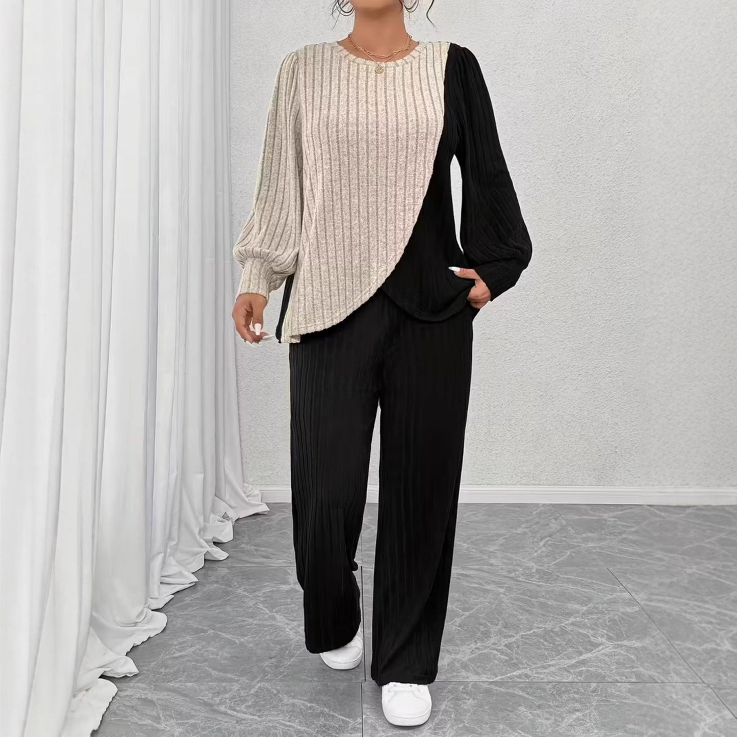 Women's Colorblock Top & Straight-Leg Pants Set