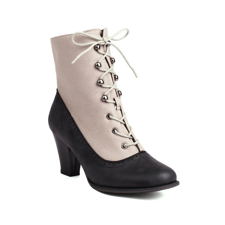 Black and beige lace-up boot on a white background