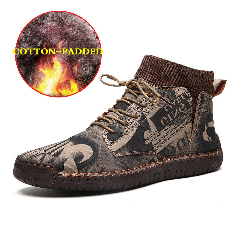 Brown leather boot with newspaper print on a white background, featuring a close-up of cotton padding.