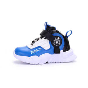 Blue and black sneaker with white sole on a white background
