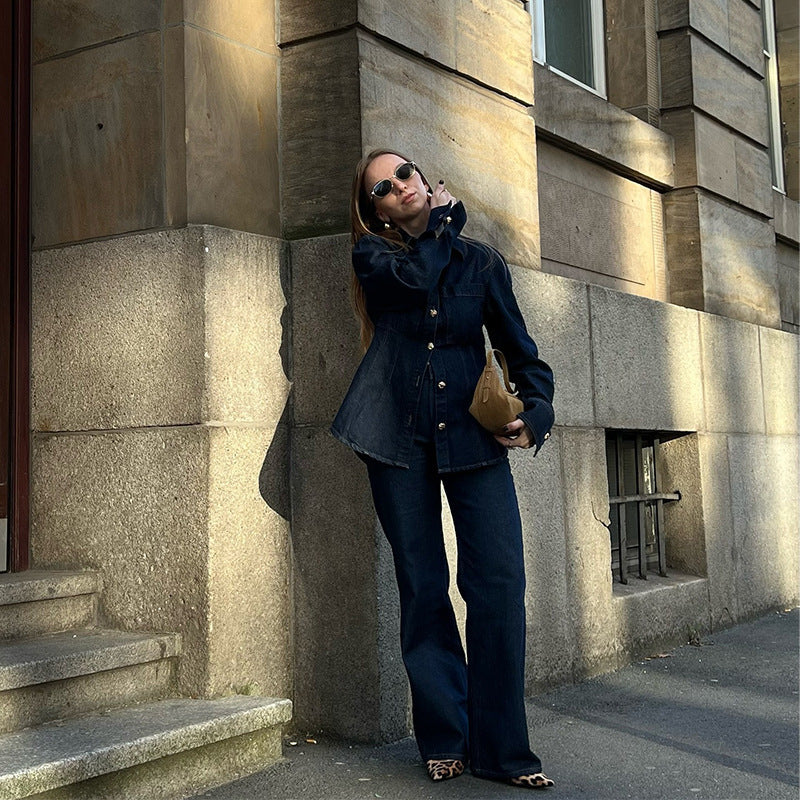 Simple Trendy Solid Color Single-breasted Denim Coat Trousers Suit