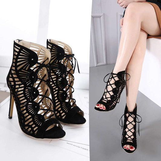Women's Lace Stiletto High Heels – Suede Fish Mouth Hollow Roman Sandals | Black | EU 35–40
