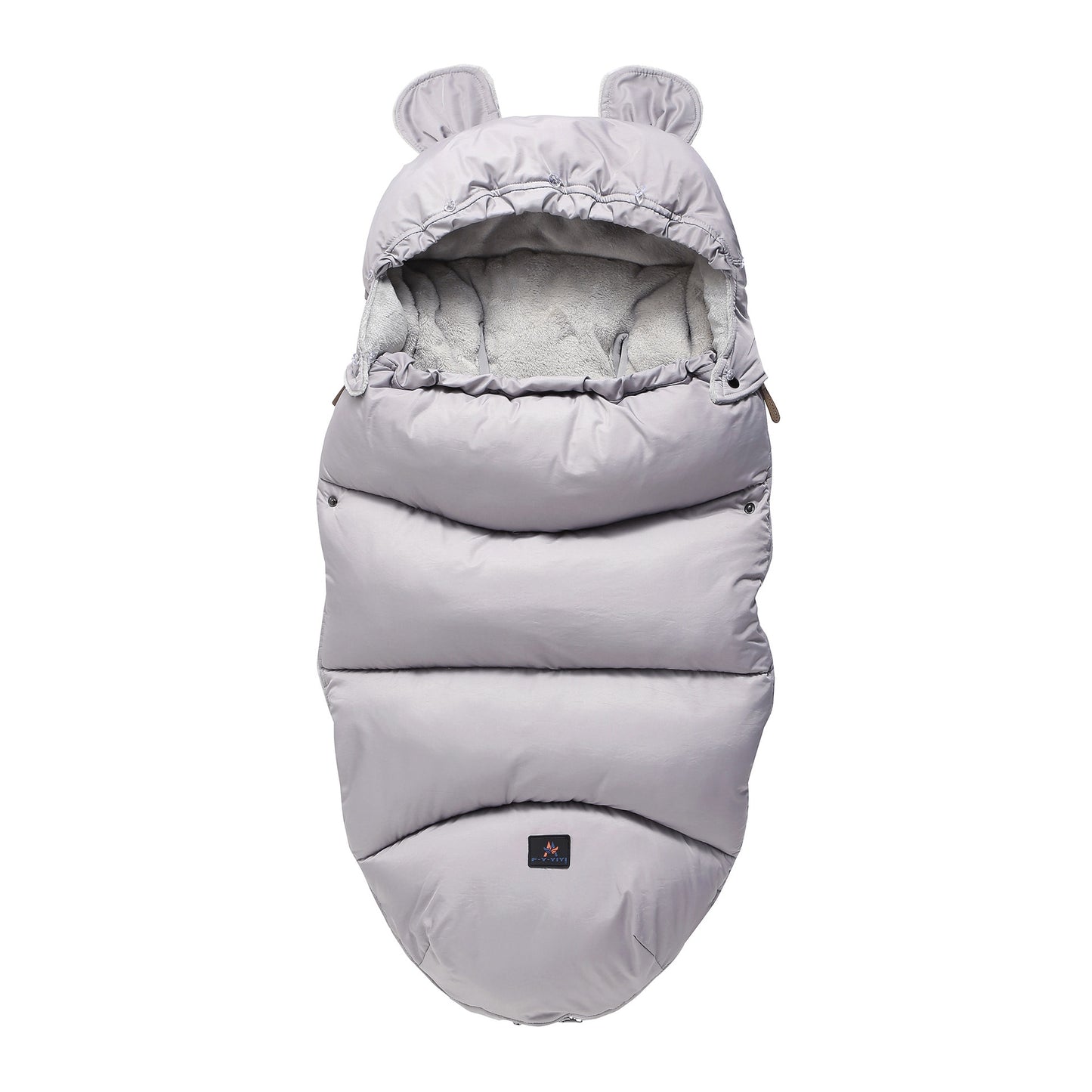 Gray baby sleeping bag with bear ears on a white background