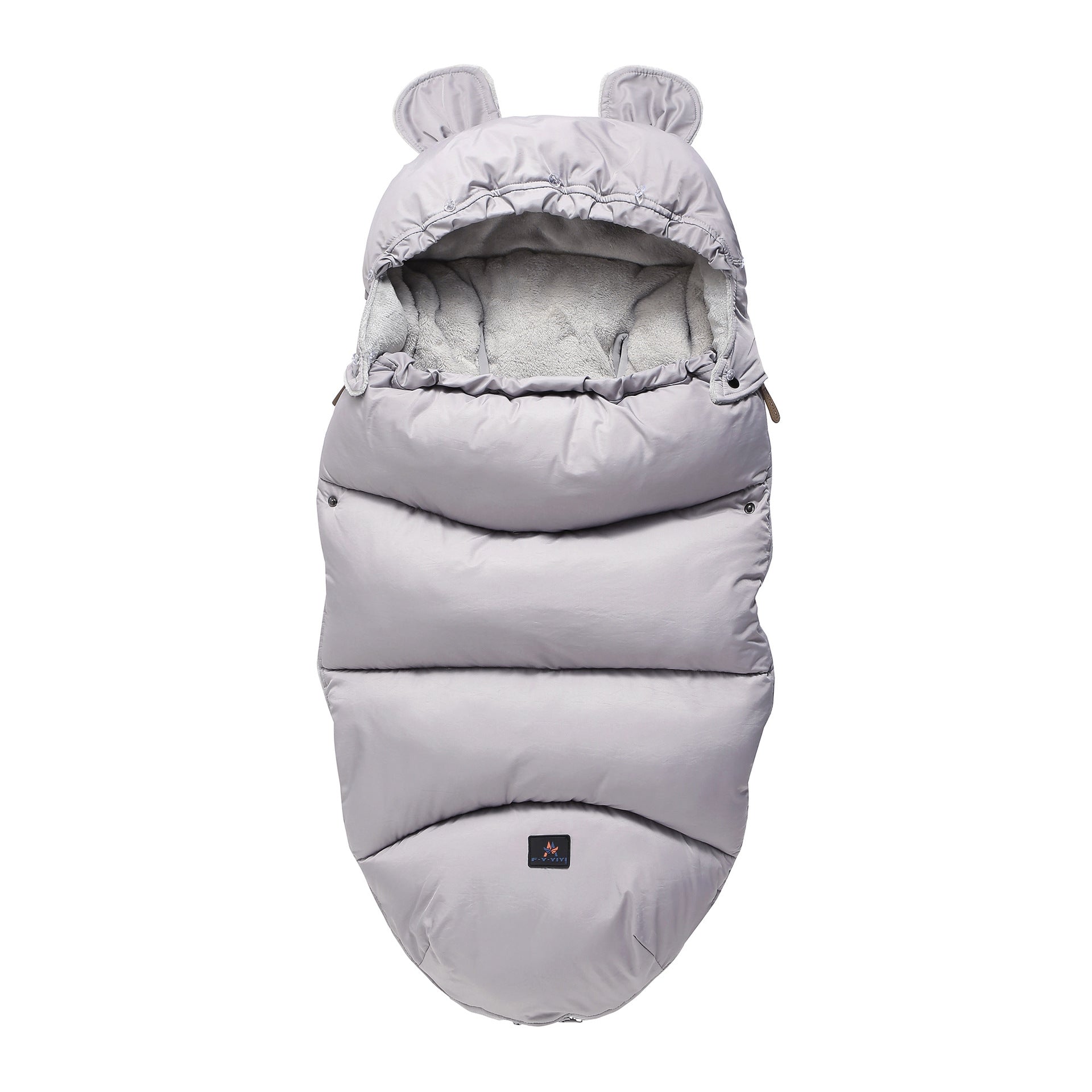 Gray baby sleeping bag with bear ears on a white background