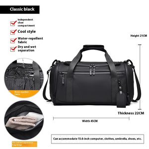 Black duffel bag with features and dimensions on a white background