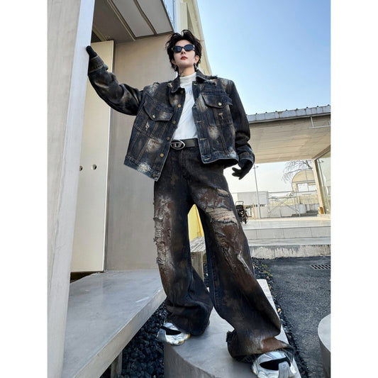 Painting Do The Old Cowboy Jacket Ripped Denim Trousers Men Loose Outfit - Vintage Western Set
