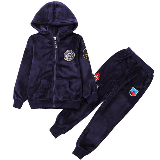Navy tracksuit with patches on a white background