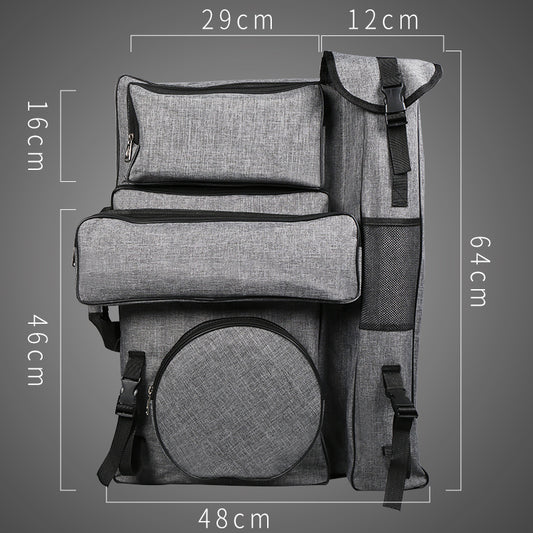 Gray backpack with dimensions labeled on a gray background