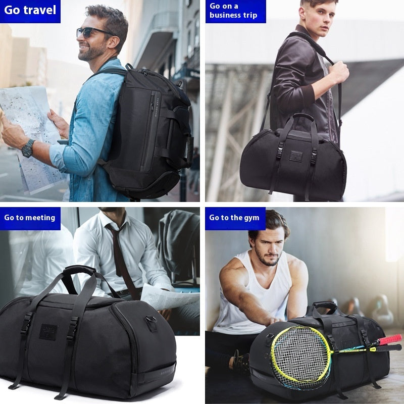 Black duffel bag used for travel, business trip, meeting, and gym activities.
