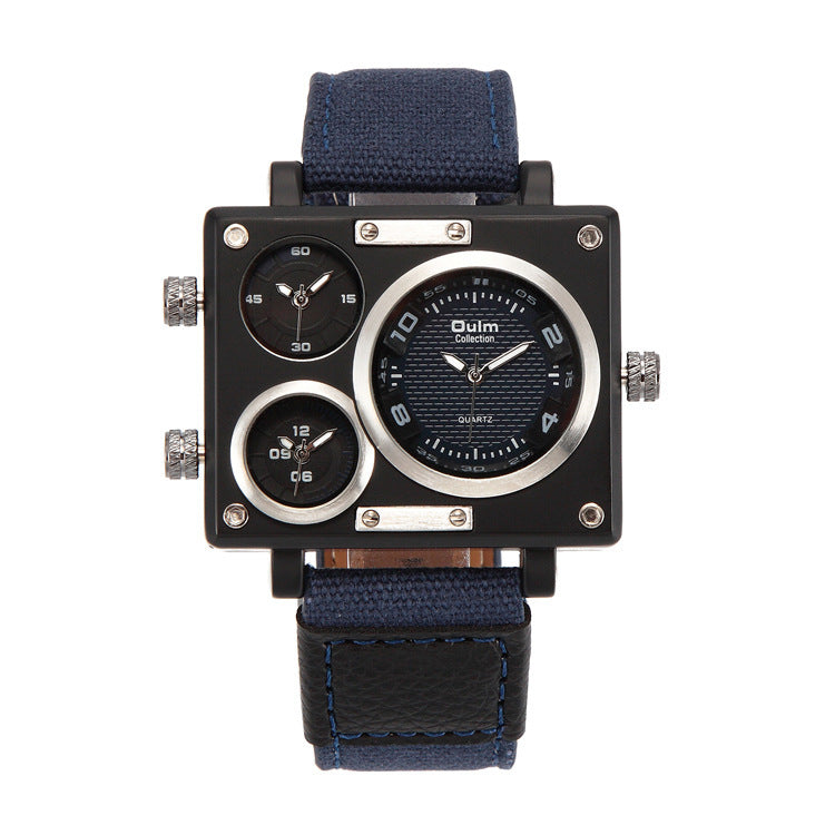 Men's Multi Time Zone Square Canvas Watch