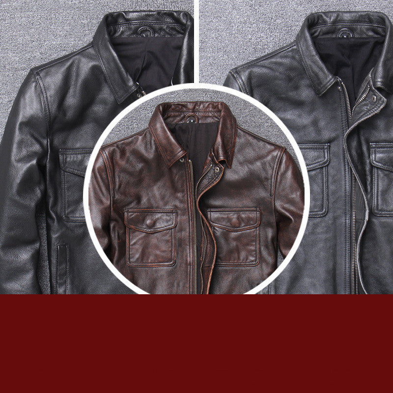 Collage of leather jackets with a close-up in the center.