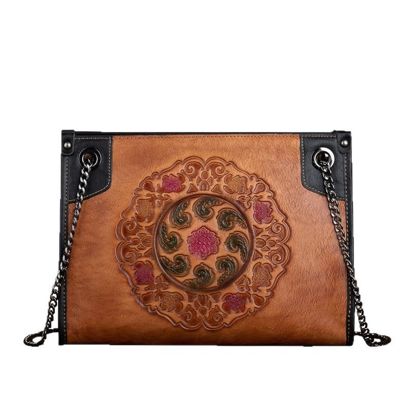 Brown leather clutch with decorative embossing and chain strap on a white background